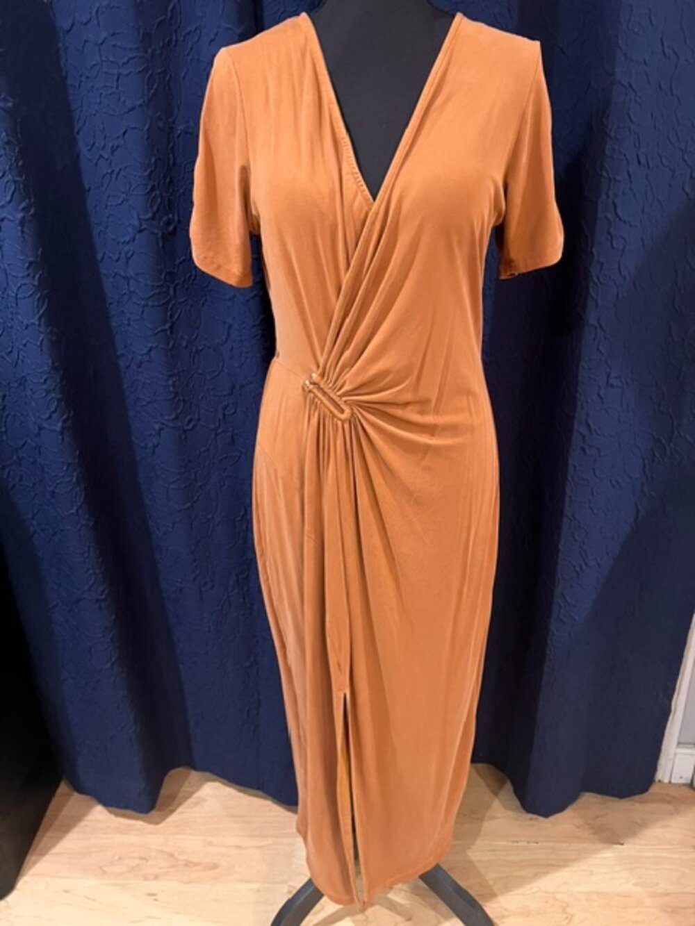 Heartloom Cigar Karen Dress L Large Rust Orange Draped Ruched Midi‎ Wrap Slit Lg